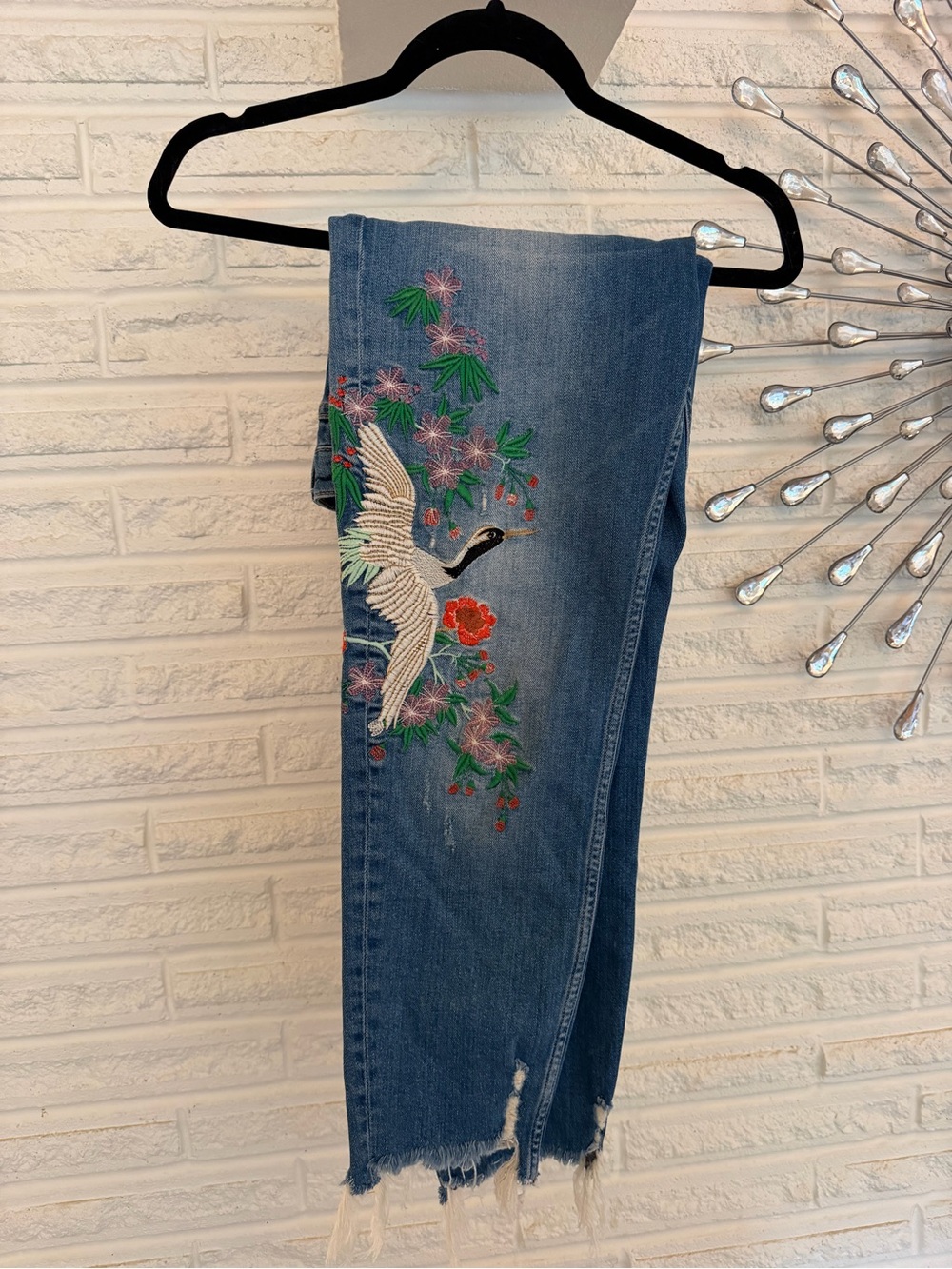 Embroidered Blue Women’s Jeans with Crane & Floral Motif